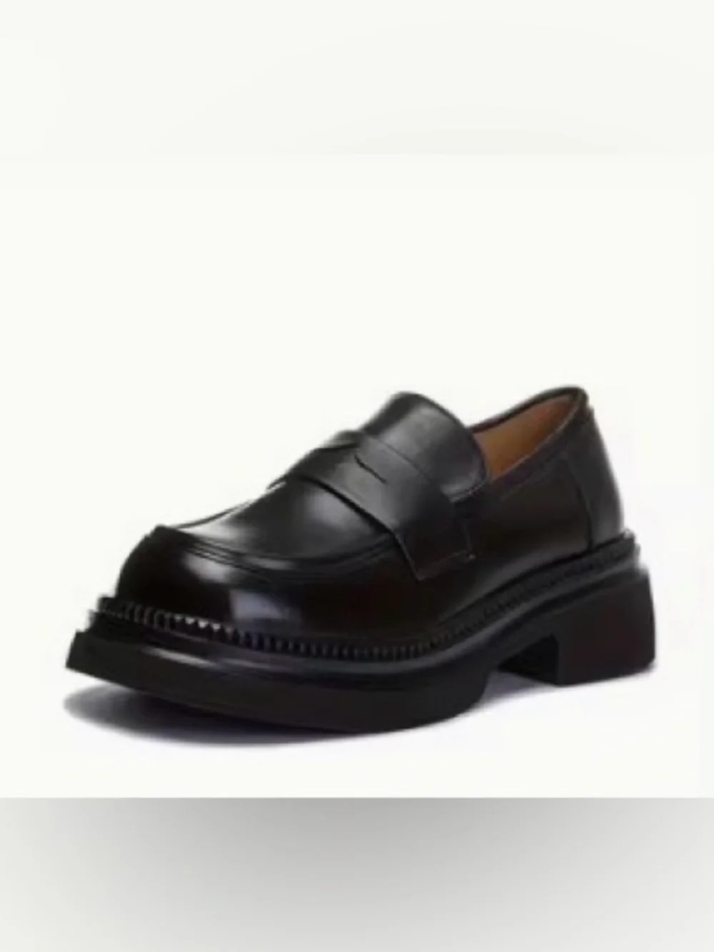 Black faux leather loafers with chunk sole